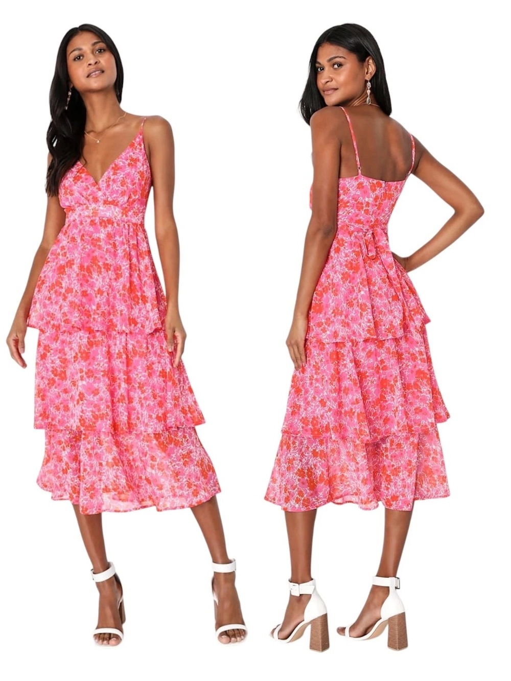 Lulus Obsession Pink Floral Sleeveless V-neck Lurex Tiered Romance Midi Dress